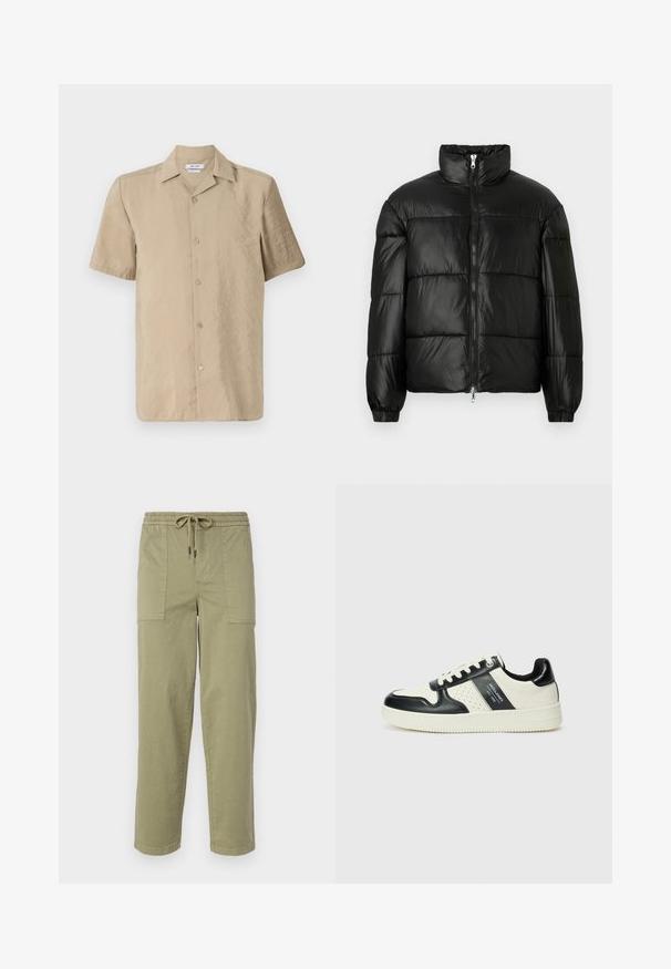 Mustat puffer-takki korkealla kauluksella, vetoketjukiinnitys edessä, tikattu malli, joustavat hihansuut ja kiiltävä, sileä kangasviimeistely.; Vaaleanbeige lyhythihainen paita, joka on valmistettu kevyestä kankasta, jossa on nappi-etumus, klassinen kaulus ja hieman teksturoitu pinta.; Vaaleanoliivinvihreät housut, jotka on valmistettu puuvillasekoitteesta. Housuissa on joustava vyötärö, joka sisältää nyörin, sekä kaksi suurta sivutaskua.; Nahkakengät musta-kerma värimaailmassa, joissa on rei'itetyt yksityiskohdat, pehmustettu nilkkaosa ja teksturoitu pohja.