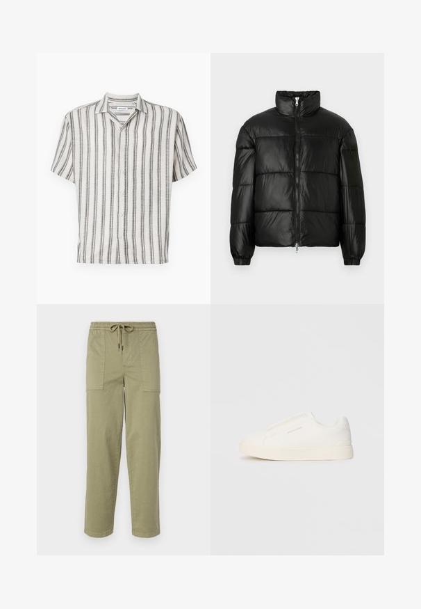 Giacca a vento nera con colletto alto, chiusura frontale con zip, design trapuntato, polsini elasticizzati e finitura in tessuto lucido e liscio.; Camicia con maniche corte e bottoni di colore crema con righe verticali nere. Presenta un colletto e cinque bottoni lungo la parte anteriore. Tessuto texturizzato.; Pantaloni verde oliva chiaro realizzati in tessuto misto cotone, con una vita elasticizzata e cordoncino, e due ampie tasche laterali.; Sneakers bianchi slip-on con superficie texturizzata, suola spessa e design minimalista. Presentano il logo del marchio sul lato.