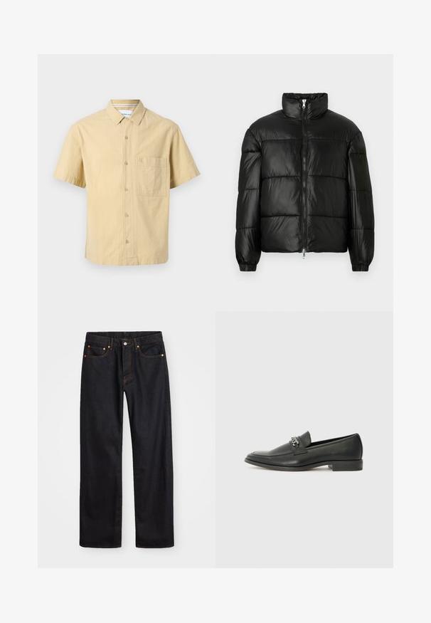 Fekete puffernadrág magas gallérral, cipzáras elülső záródással, steppelt kialakítással, elasztikus mandzsettákkal és fényes, sima szövetfelülettel.; Calvin Klein Jeans Ing - pale khaki; Férfi egyenes szabású fekete farmernadrág öt zsebbel és narancssárga varrással, gombos és cipzáros záródással elöl.; Fekete bőr loaferek sima felülettel, varrott mintával és díszítő fém lánccal a cipő elején. Lapos sarok.