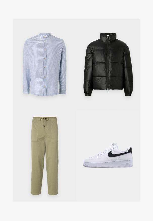Giacca a vento nera con colletto alto, chiusura frontale con zip, design trapuntato, polsini elasticizzati e finitura in tessuto lucido e liscio.; Camicetta a righe blu e bianche con colletto a fascia, maniche lunghe, chiusura frontale con bottoni e una sottile trama orizzontale. Presenta bottoni in tonalità oro.; Pantaloni verde oliva chiaro realizzati in tessuto misto cotone, con una vita elasticizzata e cordoncino, e due ampie tasche laterali.; Sneaker bianca in pelle con un Swoosh nero testurizzato, lacci piatti e una suola in gomma con un motivo a righe. "AIR" è impresso sul tallone.