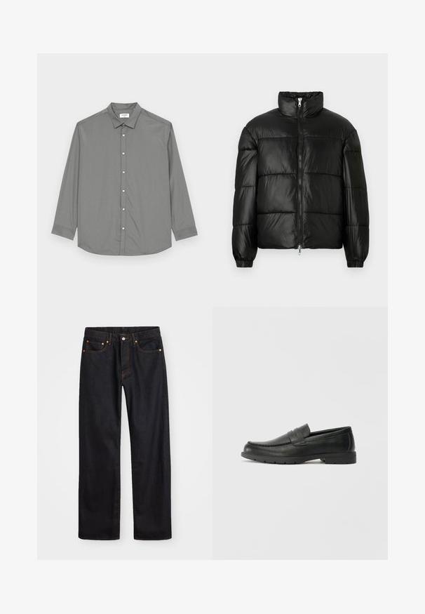 Črna pufasta jakna z visokim ovratnikom, z zadrgo spredaj, prešito zasnovo, elastičnimi manšetami in sijočim, gladkim zaključkom tkanine.; Jack & Jones JJJOE PLAIN NOOS - Srajca - castor gray; Moške črne kavbojke ravnega kroja z petimi žepi in oranžnim šivanjem, z gumbom in zadrgo na sprednjem pasu.; Črne usnjene loafer čevlje z gladko površino, zgornjim delom v slogu mokasin, šivanimi detajli in gumijastim podplatom. Klasična zasnova z nizko peto.