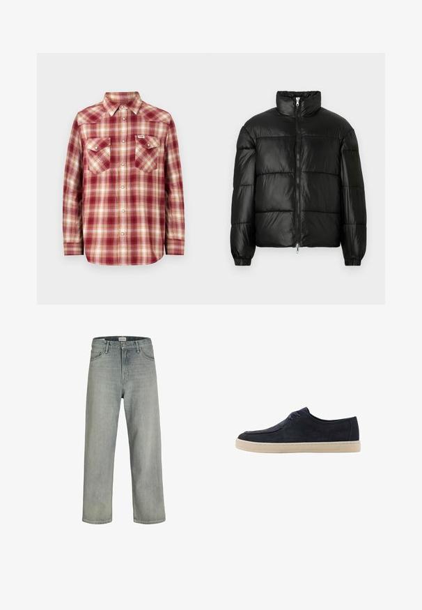 Giacca a vento nera con colletto alto, chiusura frontale con zip, design trapuntato, polsini elasticizzati e finitura in tessuto lucido e liscio.; Camicia di flanella a quadri rossa e crema con colletto button-down, maniche lunghe e due tasche sul petto. Presenta bottoni metallici e una vestibilità casual.; T-shirt grigia a maniche corte con collo rotondo, realizzata in morbido tessuto misto cotone. Design semplice, senza motivi né dettagli.; Jeans grigi chiaro, con vestibilità comoda, realizzati in denim. Presentano un classico design a cinque tasche, passanti per cintura e una silhouette a gamba dritta.; Scarpa in suede blu navy con punta rotonda, due fori per i lacci e suola in gomma crema. Texture liscia e design minimalista.