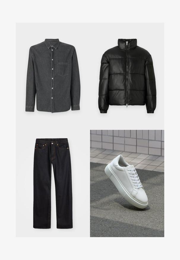 Juodas pūkinis švarkas su aukštu apykakle, užtrauktuko priekyje, siuvinėtu dizainu, elastingais rankogaliais ir blizgia, lygiąja audinio apdaila.; Pilkas džinsinis marškinis su ilgomis rankovėmis, smailiu apykakle, priekyje esančia kišene ir baltais mygtukais. Minkšta tekstūra su šiek tiek išblukusiu apdaila.; Vyrų tiesaus kirpimo juodi džinsai iš denim medžiagos, su penkiomis kišenėmis ir oranžinėmis siūlėmis, su mygtuko ir užtrauktuko uždarymu ant priekio.; Balti odiniai sportbačiai su lygiu paviršiumi, apvalia nosimi ir plokščiomis baltomis raištelėmis. Yra tekstūruotas gumos padas ir minimalizmas dizaino elementuose.