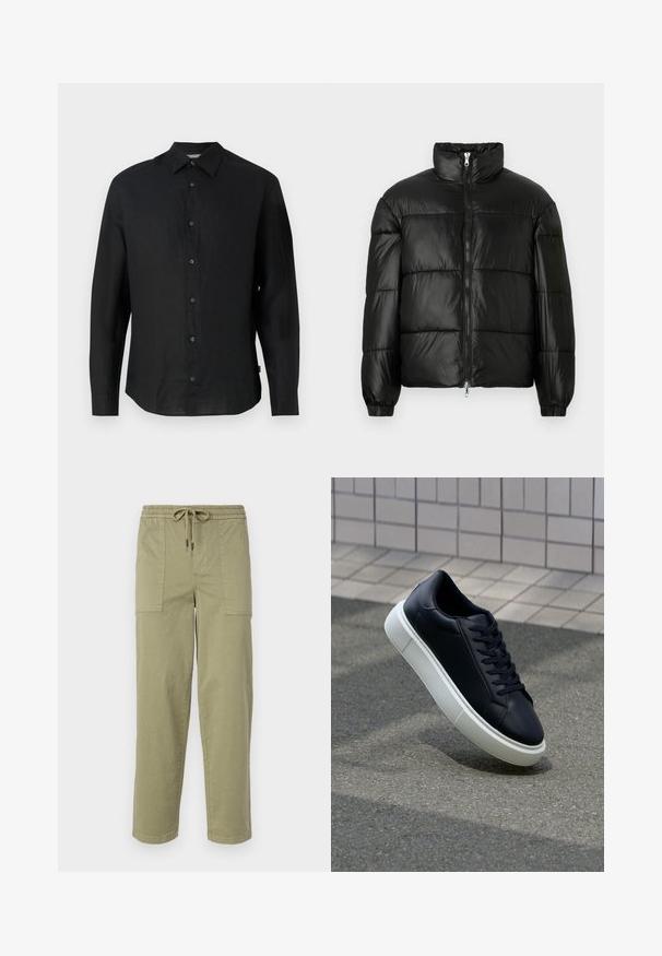 Casaco puffer preto com gola alta, fecho frontal em zíper, design acolchoado, punhos elásticos e acabamento de tecido brilhante e suave.; Camisa preta de mangas longas feita de linho leve. Apresenta um colarinho pontudo, fecho frontal com botões e uma bainha reta. Textura suave.; Calças verde-oliva claras feitas de um tecido de algodão misto, com um cós elástico com cordão e dois bolsos laterais grandes.; Sapatilha de couro preto com bico arredondado e sola de borracha branca. Apresenta atacadores planos e costuras mínimas na parte superior. Sola texturizada para melhor aderência.