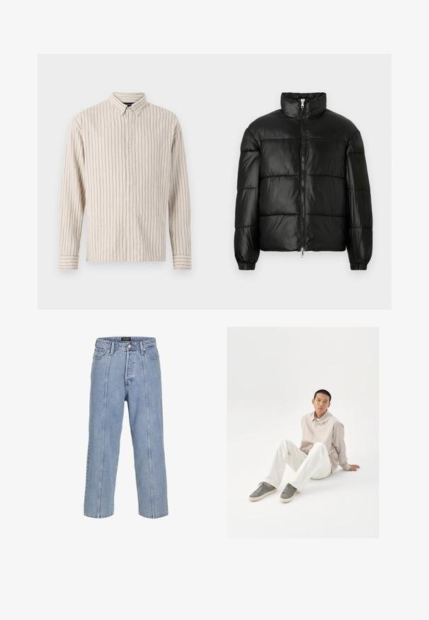 Črna pufasta jakna z visokim ovratnikom, z zadrgo spredaj, prešito zasnovo, elastičnimi manšetami in sijočim, gladkim zaključkom tkanine.; Srajca z gumbi v kremni barvi s navpičnimi črtami. Narejena iz teksturirane tkanine, z ovratnikom, dolgimi rokavi in sprednjim zapiranjem na gumbe.; Svetlo modri kavbojasti hlače ohlapnega kroja s širokimi nogavicami in vidnimi šivi. Imajo gumb in zadrgo ter pet žepov.; Bež srajca s gumbi, bele hlače in sivi športni copati. Srajca je ohlapnega kroja, copati pa imajo teksturirano površino in vezalni dizajn.