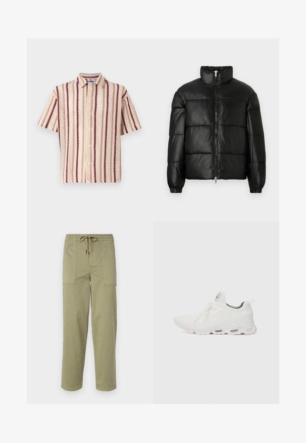 Μαύρο μπουφάν με φουσκωτό σχέδιο, ψηλό γιακά, κλείσιμο με φερμουάρ μπροστά, ραφές τύπου καπιτονέ, ελαστικές μανσέτες και γυαλιστερή, λεία υφή.; Κοντομάνικο πουκάμισο σε μπεζ χρώμα με μπορντό και κρεμ ρίγες, με υφασμάτινη υφή και λεπτομέρειες στο γιακά.; Φως ελαιόχρωμο παντελόνι κατασκευασμένο από ύφασμα με μείγμα βαμβακιού, με ελαστική μέση και κορδόνι, και δύο μεγάλες πλευρικές τσέπες.; Λευκά αθλητικά παπούτσια με υφασμάτινη επάνω επιφάνεια με υφή, επίπεδα κορδόνια και μαλακή σόλα με ορατά αεροθαλάμους για επιπλέον υποστήριξη.