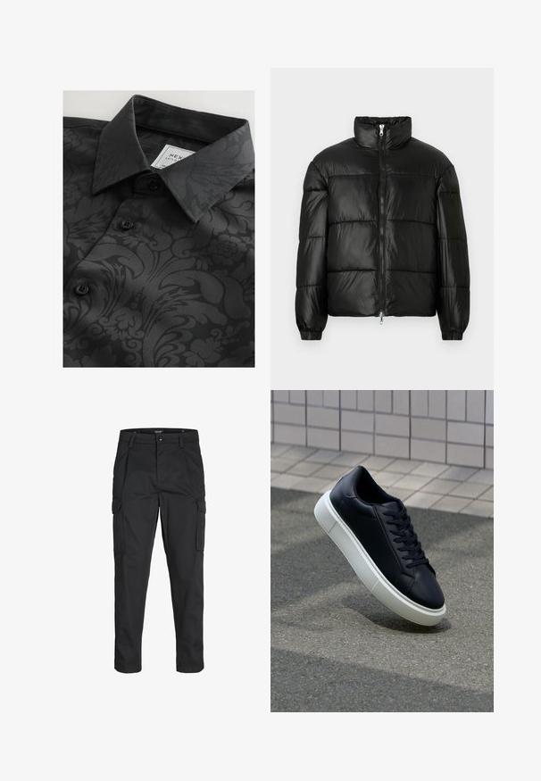 Fekete puffernadrág magas gallérral, cipzáras elülső záródással, steppelt kialakítással, elasztikus mandzsettákkal és fényes, sima szövetfelülettel.; Fekete ing mintás textúrával, virágos és absztrakt mintákkal, klasszikus gallérral és fekete gombokkal. A címke látható a gallér belsejében.; Fekete cargo nadrág, amely tartós anyagból készült, több zsebet tartalmaz, gombos záródással rendelkezik, és karcsú szabású, szűkített lábakkal bír.; Fekete bőr sportcipő lekerekített orral és fehér gumitalppal. Lapos fűzőkkel és minimális varrásokkal rendelkezik a felsőrészén. Mintás talp a tapadásért.