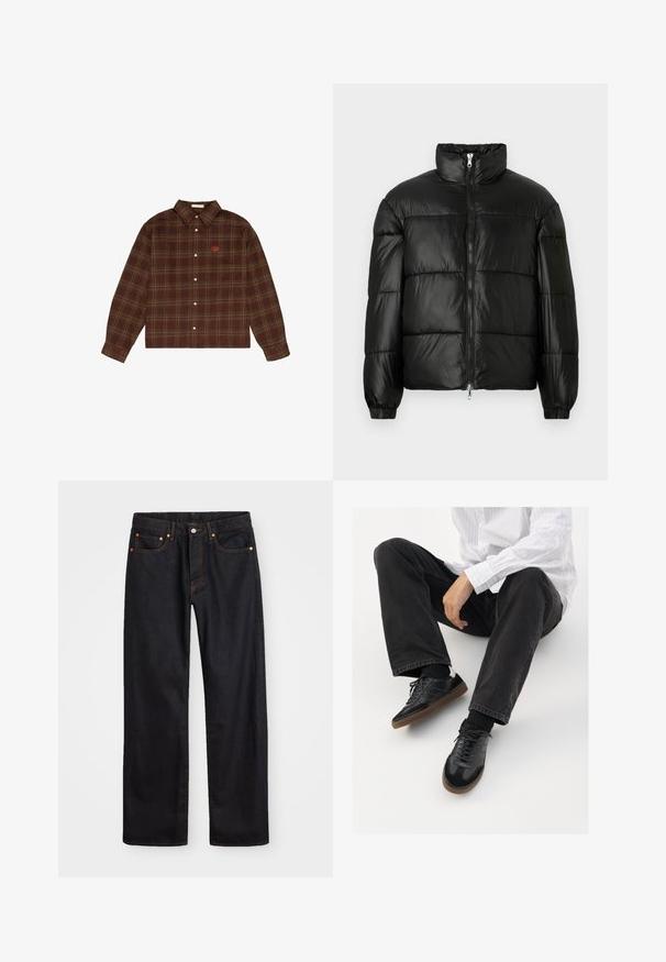 Giacca a vento nera con colletto alto, chiusura frontale con zip, design trapuntato, polsini elasticizzati e finitura in tessuto lucido e liscio.; Camicia a quadri marrone e verde con maniche lunghe e un piccolo logo ricamato arancione sul lato sinistro del petto.; Jeans neri in denim dritto da uomo con cinque tasche e cuciture arancioni, chiusura con bottone e zip sulla vita anteriore.; Sneaker nere con una tomaia liscia e testurizzata, con suola in gomma e lacci scuri. Abbinati a jeans neri e una camicia bianca a righe.