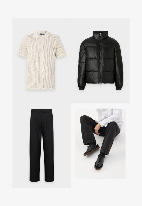 Juodas pūkinis švarkas su aukštu apykakle, užtrauktuko priekyje, siuvinėtu dizainu, elastingais rankogaliais ir blizgia, lygiąja audinio apdaila.; Trumpas rankovėmis, su apykakle, šviesiai kreminės spalvos megztas marškinių viršus su tekstūruota, atvira audimo struktūra. Penkių mygtukų uždarymas su grioveliais.; Juodi kelnių modeliai, pagaminti iš lygios medžiagos, turi tiesią kojas, du priekiniai klostės ir standartinę juosmenį su diržo kilpomis.; Juodi sportbačiai su lygiu ir tekstūruotu paviršiumi, turi guminį padas ir tamsias raištelius. Suderinti su juodomis džinsais ir balta juostuota marškinėliais.