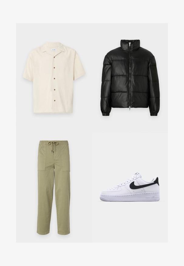 Crna puffer jakna s visokim ovratnikom, zatvaranjem na zip, quilted dizajnom, elastičnim manžetama i sjajnim, glatkim materijalom.; Kratki rukav bež košulja napravljena od glatkog materijala. Ima uspravan ovratnik i smeđe dugmadi duž prednje strane.; Svijetlo maslinasto zelene hlače od mješavine pamuka, sa elastičnom strukom i vezicom, te dva velika bočna džepa.; Bijele kožne tenisice s teksturiranim crnim Swoosh-om, ravnim vezicama i gumenim potplatom s rebrenastim uzorkom. "AIR" je utisnut na peti.