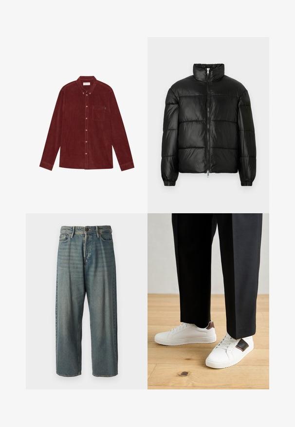 Czarna kurtka puchowa z wysokim kołnierzem, zapięciem na zamek błyskawiczny z przodu, pikowanym wzorem, elastycznymi mankietami oraz błyszczącym, gładkim wykończeniem materiału.; Czerwona koszula z korduroju z kołnierzykiem zapinanym na guziki, długimi rękawami, przednią kieszenią i guzikami w kolorze złotym. Teksturowana tkanina.; Jasnoniebieskie dżinsy o luźnym kroju, średnim stanie i prostych nogawkach. Posiadają pięć kieszeni, szlufki na pasek oraz zapięcie na guzik.; Białe trampki o gładkiej fakturze, z brązowymi skórzanymi akcentami i czarnymi detalami, zestawione z czarnymi eleganckimi spodniami. Tło stanowi drewniana podłoga.