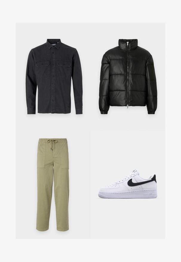 Black puffer jacket with a high collar, zip front closure, quilted design, elastic cuffs, and shiny, smooth fabric finish.; Long-sleeve, dark gray button-up shirt made of cotton blend, featuring two chest pockets and classic collar design.; Light olive green pants made of cotton blend fabric, featuring an elastic waistband with drawstring, and two large side pockets.; White leather sneaker with a textured black Swoosh, flat laces, and a rubber sole featuring a ridged pattern. "AIR" is embossed on the heel.