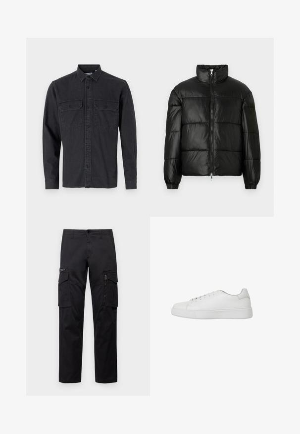 Doudoune noire avec un col montant, fermeture éclair sur le devant, design matelassé, poignets élastiques et finition en tissu lisse et brillant.; Chemise à manches longues, de couleur gris foncé, à boutons, en mélange de coton, avec deux poches poitrine et col classique.; Pantalons cargo noirs avec plusieurs poches, une poche zippée sur la cuisse, coupe droite et tissu en coton résistant avec un léger éclat.; Baskets blanches en cuir lisse avec un bout arrondi, des détails cousus et une semelle en caoutchouc plate. Design minimaliste avec un système de laçage.