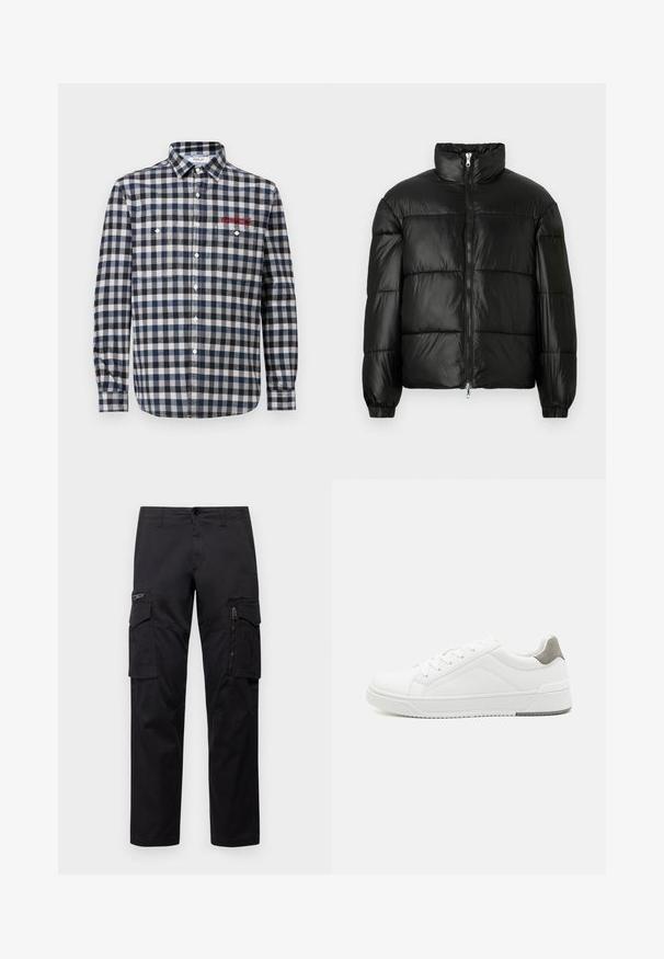 Chaqueta de pluma negra con un cuello alto, cierre frontal con cremallera, diseño acolchado, puños elásticos y acabado de tela brillante y suave.; Camisa de hombre de manga larga en patrón de cuadros azul marino y blanco, con dos bolsillos en el pecho, un collar normal y detalle de bordado rojo.; Pantalones cargo negros con múltiples bolsillos, un bolsillo con cremallera en el muslo, corte recto y tejido de algodón resistente con un ligero brillo.; Zapatilla blanca con material de cuero liso, punta redonda, diseño minimalista, acento gris en el talón y suela de goma texturizada.