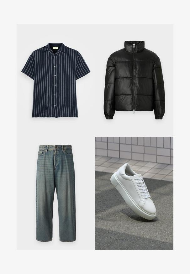 Juodas pūkinis švarkas su aukštu apykakle, užtrauktuko priekyje, siuvinėtu dizainu, elastingais rankogaliais ir blizgia, lygiąja audinio apdaila.; Tamsiai mėlyna, trumpomis rankovėmis, mygtukais užsegama marškiniai su vertikaliomis baltomis juostelėmis. Minkšta medžiaga, įprasto tipo apykaklė ir subtilus tekstūrinis apdailos efektas.; Šviesiai mėlyni džinsai su laisvu siluetu, vidutinio aukščio juosmeniu ir tiesiomis kojomis. Su penkiais kišenėmis, diržo kilpo ir mygtukų uždarymu.; Balti odiniai sportbačiai su lygiu paviršiumi, apvalia nosimi ir plokščiomis baltomis raištelėmis. Yra tekstūruotas gumos padas ir minimalizmas dizaino elementuose.