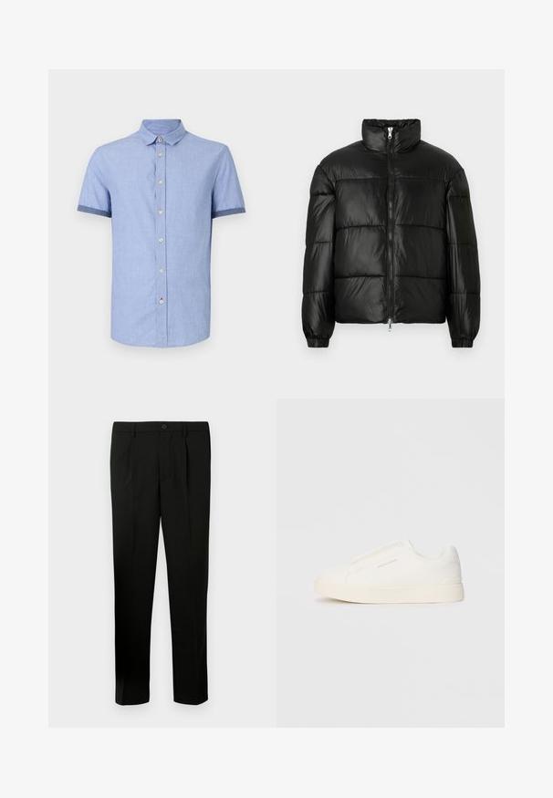 Černá péřová bunda s vysokým límcem, zapínáním na zip, prošívaným designem, elastickými manžetami a lesklým, hladkým povrchem.; Světle modrá košile s krátkým rukávem a límečkem na knoflíček, která má světle hnědé knoflíky a kontrastní tmavě modré lemování na rukávech.; Černé kalhoty na míru s plochým předním dílem, dvěma sklady, zapínáním na knoflík, bočními kapsami a rovnými nohavicemi. Vyrobeno z hladké tkaniny.; Bílé slip-on tenisky s texturovaným povrchem, silnou podešví a minimalistickým designem. Na boku je umístěno logo značky.
