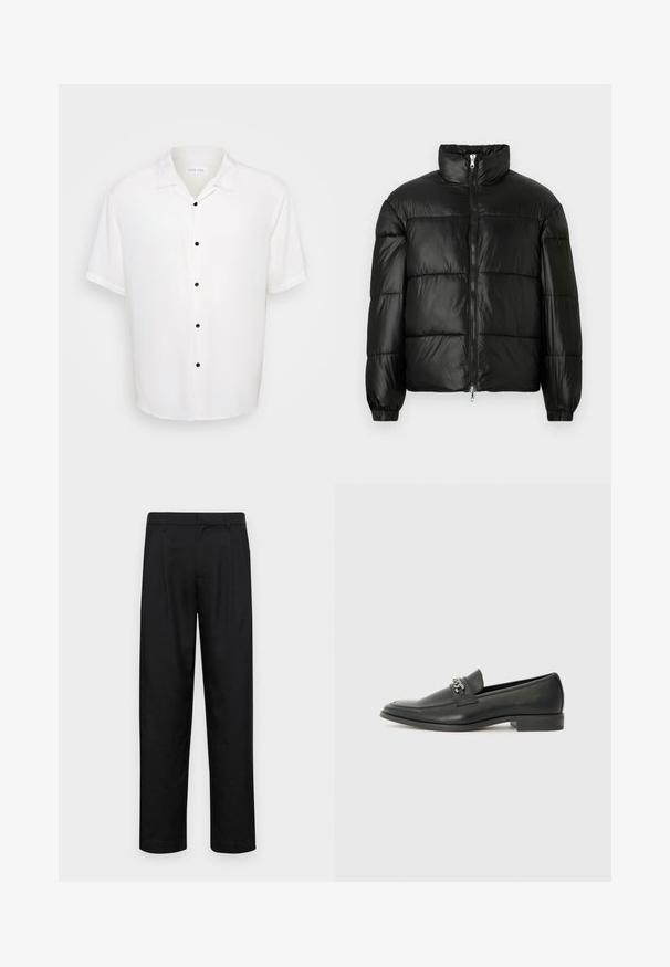 Crna puffer jakna s visokim ovratnikom, zatvaranjem na zip, quilted dizajnom, elastičnim manžetama i sjajnim, glatkim materijalom.; Bijela košulja kratkih rukava s ovratnikom i pet crnih dugmadi sprijeda, izrađena od glatkog, laganog materijala.; Crne hlače od glatkog materijala, s dizajnom ravnih nogavica, dva prednja nabora i standardnim pojasom s petljama za remen.; Crna kožna loafer cipela s glatkom finišem, s ušivenim uzorkom i dekorativnim metalnim lancem preko prednjeg dijela. Ravni potplat.