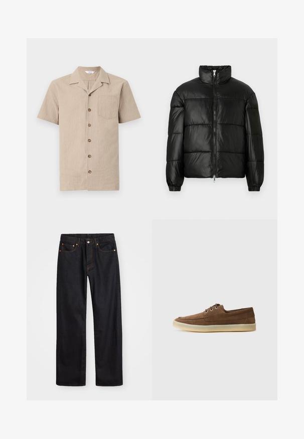 Fekete puffernadrág magas gallérral, cipzáras elülső záródással, steppelt kialakítással, elasztikus mandzsettákkal és fényes, sima szövetfelülettel.; Beige színű, rövid ujjú póló texturált anyagból, nyakkal, mellzsebbel és barna gombokkal az elején.; Férfi egyenes szabású fekete farmernadrág öt zsebbel és narancssárga varrással, gombos és cipzáros záródással elöl.; Barna velúr cipők alacsony profillal, fűzős kialakítással, gumitalppal és kontrasztos varrási részletekkel. Egyszerű és funkcionális stílus.