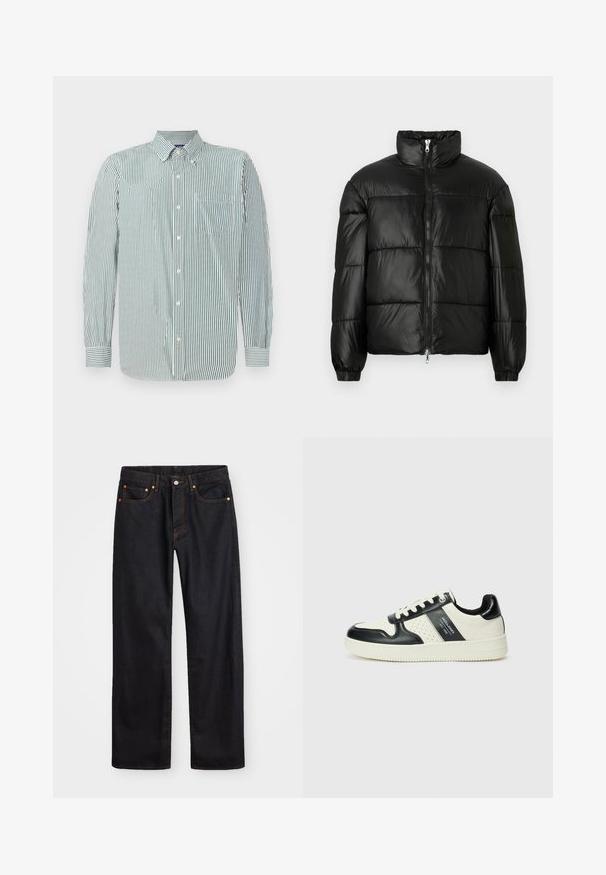 Svart pufferjakke med høy krage, glidelås foran, quiltet design, elastiske mansjetter og blank, glatt stofffinish.; Stripet skjorte i lysegrønn og hvit stoff, med krage, lange ermer og en enkelt brystlomme. Loddrette striper.; Men's straight-leg svarte denim jeans med fem lommer og oransje søm, knapp og glidelås lukking foran på midjen.; Lædersneakers med sort og creme farveskema, der har perforerede detaljer, en polstret krave og en struktureret ydersål.