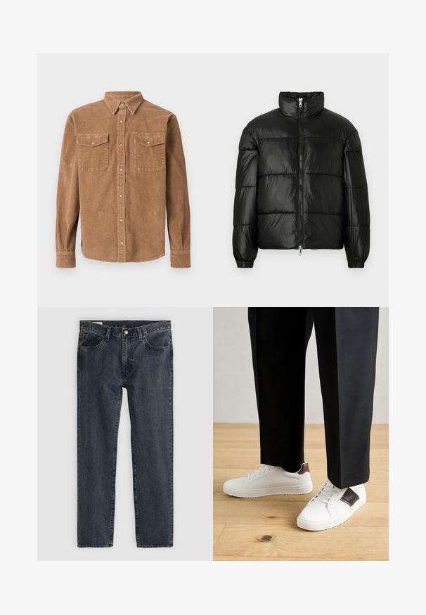 Sort puffet jakke med høj krave, lynlås foran, quiltet design, elastiske manchetter og skinnende, glat stoffinish.; Brun kordfløjelsskjorte med knapkrave, to brystlommer og en tekstureret overflade. Har knaplukning og lange ærmer.; Mørkeblå denimjeans med lige ben-design, fem lommer og knap-lynlås. Stoffet viser en subtil falmning og tekstur.; Hvide sneakers med glat tekstur, prydet med brune læderdetaljer og sorte detaljer, sammen med sorte skræddersyede bukser. Baggrund med trægulv.