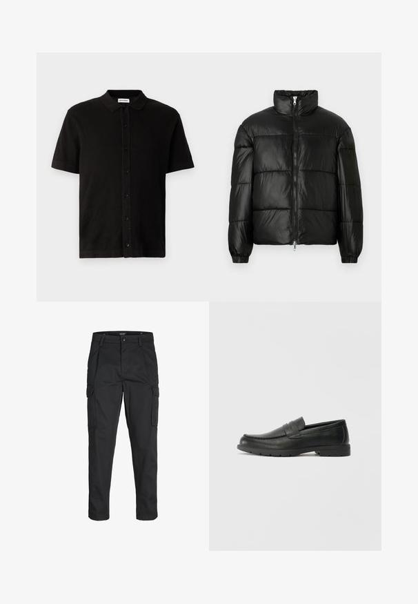 Črna pufasta jakna z visokim ovratnikom, z zadrgo spredaj, prešito zasnovo, elastičnimi manšetami in sijočim, gladkim zaključkom tkanine.; Črna polo majica s kratkimi rokavi, izdelana iz teksturirane tkanine, z gumbom spredaj in klasičnim ovratnikom. Ima ravno rob.; Črne cargo hlače iz trdnega blaga, ki imajo več žepov, gumbasto zapiranje in ozek kroj z zožanimi nogami.; Črne usnjene loafer čevlje z gladko površino, zgornjim delom v slogu mokasin, šivanimi detajli in gumijastim podplatom. Klasična zasnova z nizko peto.