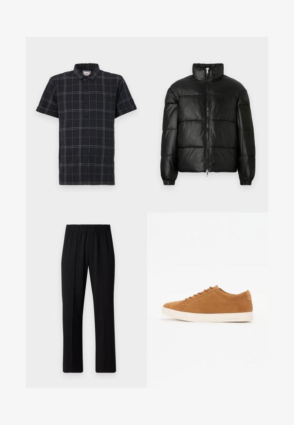 Fekete puffernadrág magas gallérral, cipzáras elülső záródással, steppelt kialakítással, elasztikus mandzsettákkal és fényes, sima szövetfelülettel.; Rövid ujjú, fekete gombos ing texturált anyagból, fehér rácsos mintával és hegyes gallérral.; Fekete, gumíros derekú nadrág egyenes szabással, sima felülettel, látható minták vagy fémrészek nélkül.; Barna velúr sportcipők alacsony felsőrésszel, fehér gumitalppal és kerek orral. Jellemzően passzoló fűzőkkel és minimális márkajelzéssel a sarokrészen.