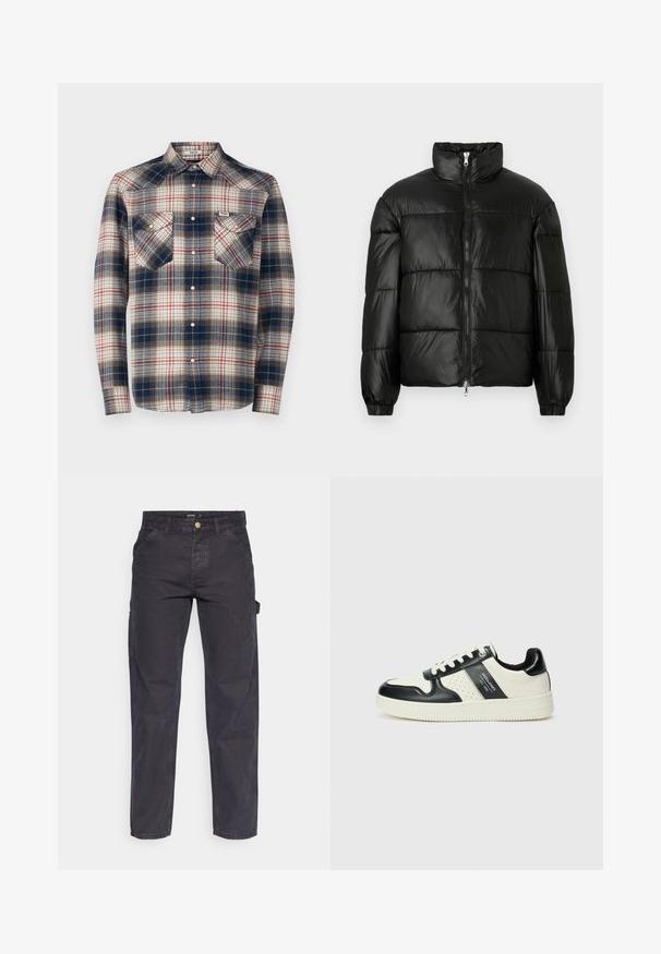 Giacca a vento nera con colletto alto, chiusura frontale con zip, design trapuntato, polsini elasticizzati e finitura in tessuto lucido e liscio.; Camicia di flanella con un motivo a quadri blu, rosso e crema; maniche lunghe; due tasche sul petto; bottoni a pressione perlescenti; e colletto classico.; Pantaloni cargo grigio scuro realizzati in tessuto resistente, con un taglio dritto, cinque tasche e chiusura a bottoni in vita.; Sneakers in pelle con una combinazione di colori nero e crema, dotati di dettagli perforati, collare imbottito e suola testurizzata.