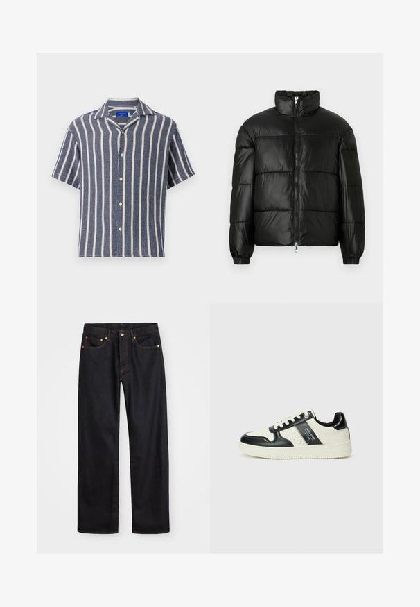 Zwarte pufferjack met een hoge kraag, ritsvoorzijde, gestikt ontwerp, elastische manchetten en een glanzende, gladde stofafwerking.; Korte mouwen overhemd in marineblauw met witte verticale strepen. Gemaakt van textuurstof, met een reverskraag en sluiting met knopen.; Heren straight-leg zwarte denim jeans met vijf zakken en oranje stiksels, knoop- en ritssluiting op de voorkant van de tailleband.; Leren sneakers met een zwart en crèmekleurig kleurenschema, voorzien van geperforeerde accenten, een gevoerde kraag en een gestructureerde buitenzool.