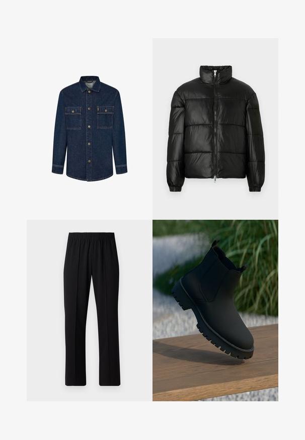 Czarna kurtka puchowa z wysokim kołnierzem, zapięciem na zamek błyskawiczny z przodu, pikowanym wzorem, elastycznymi mankietami oraz błyszczącym, gładkim wykończeniem materiału.; Ciemnoniebieska kurtka dżinsowa z długimi rękawami, dwoma kieszeniami na piersi i zapięciem na guziki. Posiada kontrastowe szwy oraz kołnierzyk.; Czarne spodnie z elastycznym pasem o prostym kroju, z gładką strukturą i bez widocznych wzorów czy elementów metalowych.; Czarne botki za kostkę o gładkim wykończeniu, z elastycznymi bocznymi panelami i grubą, solidną podeszwą. Umieszczone na naturalnym tle na drewnianej powierzchni.