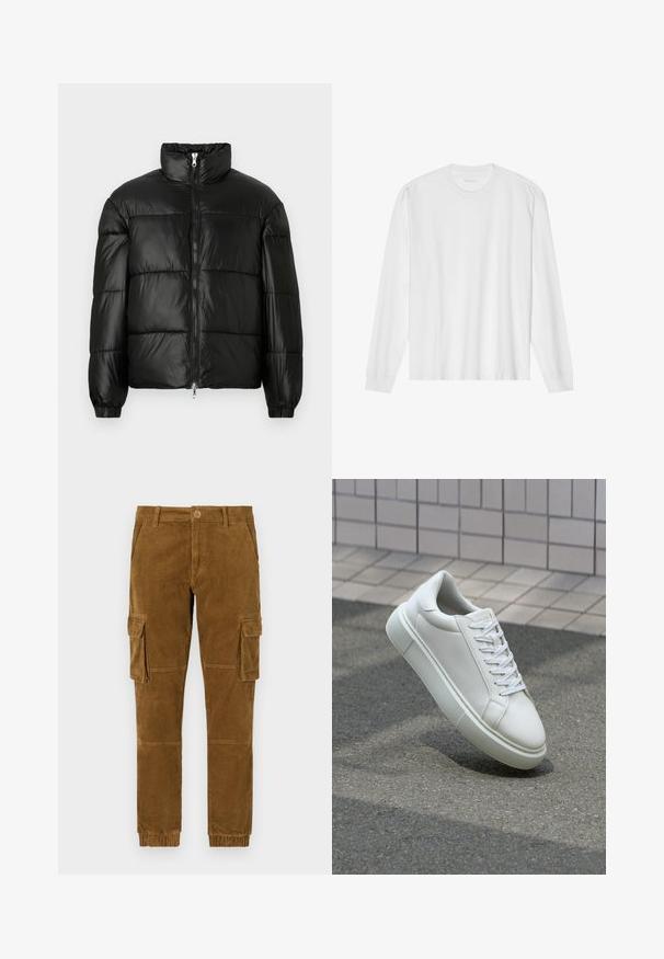 Casaco puffer preto com gola alta, fecho frontal em zíper, design acolchoado, punhos elásticos e acabamento de tecido brilhante e suave.; Camiseta de algodão branca de mangas longas com gola redonda e punhos canelados. Design simples e limpo, apresentando uma textura suave e um ajuste padrão.; Calças cargo de sarja castanhas com um corte afunilado, apresentando bolsos laterais, fecho de botão e punhos elásticos nos tornozelos.; Tênis de couro branco com superfície lisa, bico redondo e cadarços brancos planos. Apresenta uma sola de borracha texturizada e elementos de design minimalistas.