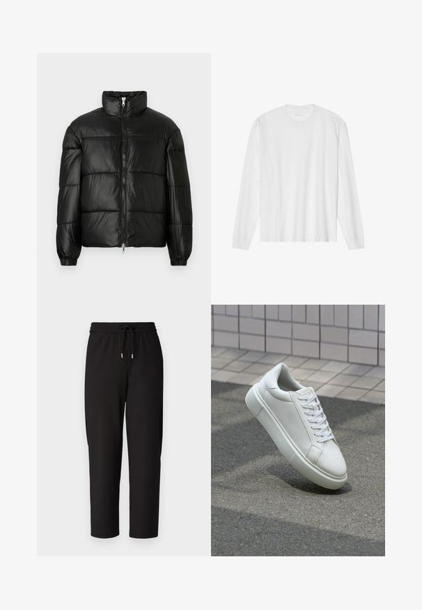 Casaco puffer preto com gola alta, fecho frontal em zíper, design acolchoado, punhos elásticos e acabamento de tecido brilhante e suave.; Camiseta de algodão branca de mangas longas com gola redonda e punhos canelados. Design simples e limpo, apresentando uma textura suave e um ajuste padrão.; Only & Sons ONSSINUS PANT - Calças - black; Tênis de couro branco com superfície lisa, bico redondo e cadarços brancos planos. Apresenta uma sola de borracha texturizada e elementos de design minimalistas.