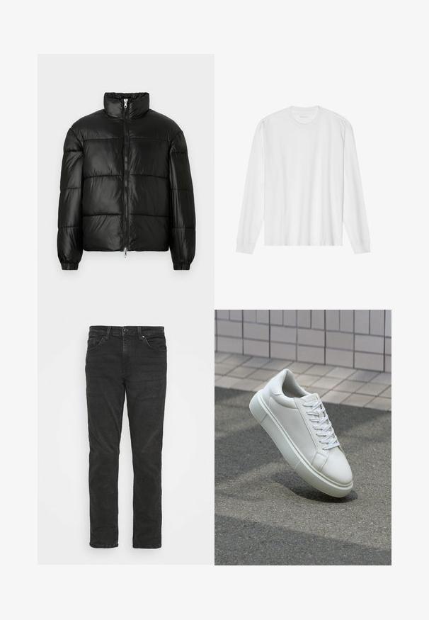 Chaqueta de pluma negra con un cuello alto, cierre frontal con cremallera, diseño acolchado, puños elásticos y acabado de tela brillante y suave.; Camiseta de algodón blanca de manga larga con cuello redondo y puños acanalados. Diseño simple y sin adornos, con una textura suave y corte estándar.; Only & Sons ONSWEFT LIFE - Vaqueros rectos - black denim; Zapatilla de cuero blanca con una superficie lisa, punta redonda y cordones blancos planos. Presenta una suela de goma texturizada y elementos de diseño mínimos.
