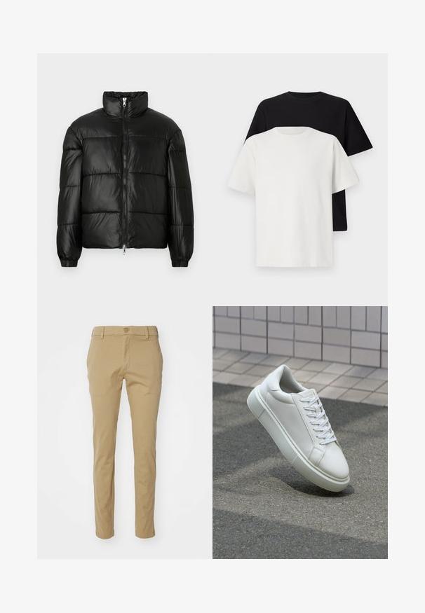 Czarna kurtka puchowa z wysokim kołnierzem, zapięciem na zamek błyskawiczny z przodu, pikowanym wzorem, elastycznymi mankietami oraz błyszczącym, gładkim wykończeniem materiału.; Zestaw bawełnianych t-shirtów zawierający czarną i białą koszulkę, obie z krótkimi rękawami, okrągłym dekoltem i standardowym krojem. Teksturowana tkanina.; Khaki spodnie wykonane z lekkiej bawełny, charakteryzujące się slim-fit krojem, gładką teksturą oraz standardowym paskiem w talii z zapięciem na guzik.; Białe skórzane trampki z gładką powierzchnią, okrągłym noskiem i płaskimi białymi sznurowadłami. Posiadają teksturowaną gumową podeszwę oraz minimalistyczne elementy projektowe.