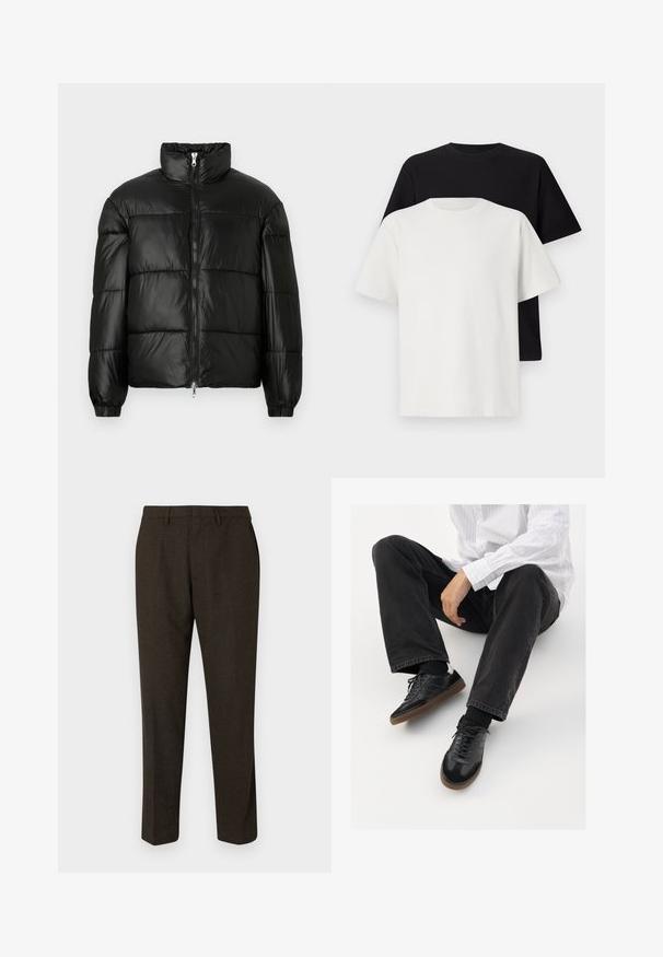 Juodas pūkinis švarkas su aukštu apykakle, užtrauktuko priekyje, siuvinėtu dizainu, elastingais rankogaliais ir blizgia, lygiąja audinio apdaila.; Medvilniniai marškiniai, kuriuos sudaro juodas ir baltas marškinėliai, abu su trumpomis rankovėmis, apvaliu iškirpimu ir standartiniu sijonu. Tekstūruota medžiaga.; Rudos pritaikyti kelnes su tiesiu pjaustymu, pasižyminčios lygiu paviršiumi, diržo kilpomis ir šoninėmis kišenėmis. Tinka oficialiam renginiui.; Juodi sportbačiai su lygiu ir tekstūruotu paviršiumi, turi guminį padas ir tamsias raištelius. Suderinti su juodomis džinsais ir balta juostuota marškinėliais.