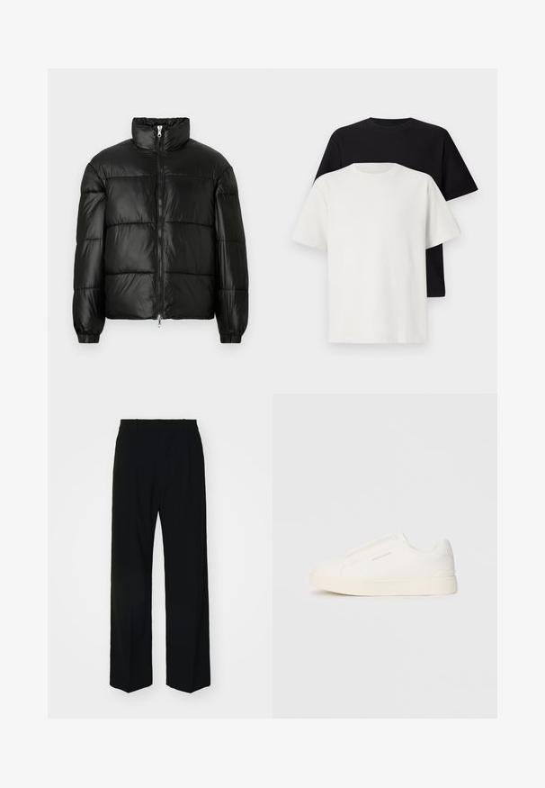 Černá péřová bunda s vysokým límcem, zapínáním na zip, prošívaným designem, elastickými manžetami a lesklým, hladkým povrchem.; Sada bavlněných triček, která obsahuje černé a bílé tričko, obě s krátkým rukávem, kulatým výstřihem a standardním střihem. Texturovaná látka.; GAP LOOSE - Kalhoty - true black; Bílé slip-on tenisky s texturovaným povrchem, silnou podešví a minimalistickým designem. Na boku je umístěno logo značky.