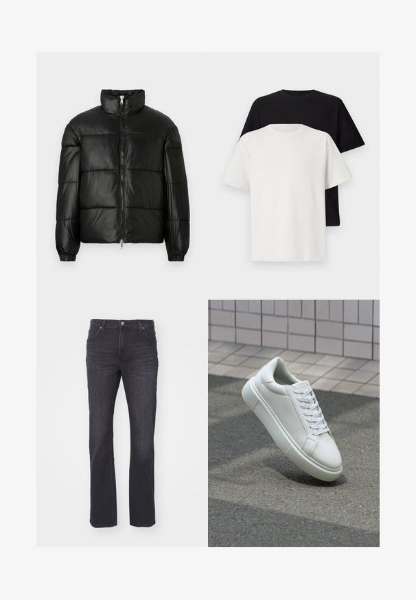 Chaqueta de pluma negra con un cuello alto, cierre frontal con cremallera, diseño acolchado, puños elásticos y acabado de tela brillante y suave.; Conjunto de camisetas de algodón que incluye una camiseta negra y una blanca, ambas con mangas cortas, escote redondo y corte estándar. Tejido texturizado.; Jeans de mezclilla oscura con un diseño de pierna recta, que presentan un estilo clásico de cinco bolsillos y un cierre de un botón en la cintura.; Zapatilla de cuero blanca con una superficie lisa, punta redonda y cordones blancos planos. Presenta una suela de goma texturizada y elementos de diseño mínimos.