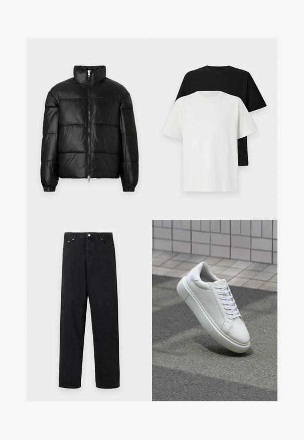 Giacca a vento nera con colletto alto, chiusura frontale con zip, design trapuntato, polsini elasticizzati e finitura in tessuto lucido e liscio.; Set di t-shirt in cotone composto da una maglietta nera e una bianca, entrambe con maniche corte, scollatura rotonda e vestibilità standard. Tessuto testurizzato.; Jeans neri a vita alta, dritti, con chiusura a bottone, passanti per cintura e tasche anteriori e posteriori su sfondo bianco.; Sneaker bianco in pelle con superficie liscia, punta rotonda e lacci piatti bianchi. Presenta una suola in gomma texturizzata e un design minimale.