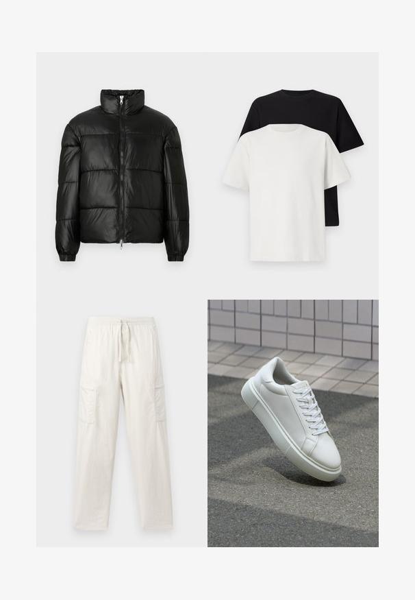 Μαύρο μπουφάν με φουσκωτό σχέδιο, ψηλό γιακά, κλείσιμο με φερμουάρ μπροστά, ραφές τύπου καπιτονέ, ελαστικές μανσέτες και γυαλιστερή, λεία υφή.; Σετ βαμβακερών μπλούζων με σκούρο μπλουζάκι και λευκό μπλουζάκι, και τα δύο με κοντά μανίκια, στρογγυλή λαιμόκοψη και κανονική εφαρμογή. Υφασμάτινη υφή.; Απαλά μπεζ cargo παντελόνια από μείγμα βαμβακιού, με ελαστική μέση, κορδόνι και δύο πλαϊνές τσέπες για πρακτικότητα.; Λευκό δερμάτινο αθλητικό παπούτσι με λείο επιφάνεια, στρογγυλή μύτη και επίπεδα λευκά κορδόνια. Διαθέτει υφασμάτινη καουτσούκ σόλα και ελάχιστα σχεδιαστικά στοιχεία.