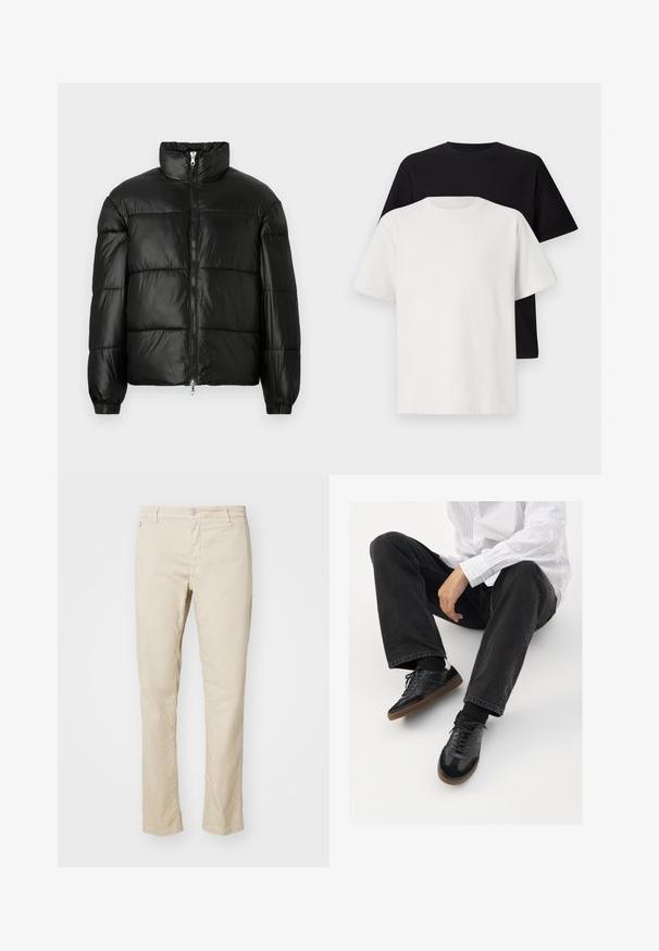 Svart pufferjakke med høy krage, glidelås foran, quiltet design, elastiske mansjetter og blank, glatt stofffinish.; Sett med bomull t-skjorter bestående av en svart topp og en hvit topp, begge med korte ermer, rund hals og standard passform. Teksturet stoff.; Beige bomullsbukser med rett passform, som har knappelukking, frontlommer og en glatt tekstur.; Svarte joggesko med en glatt og teksturert overflate, med gummisåle og mørke snører. Kombinert med svarte jeans og en hvit stripet skjorte.