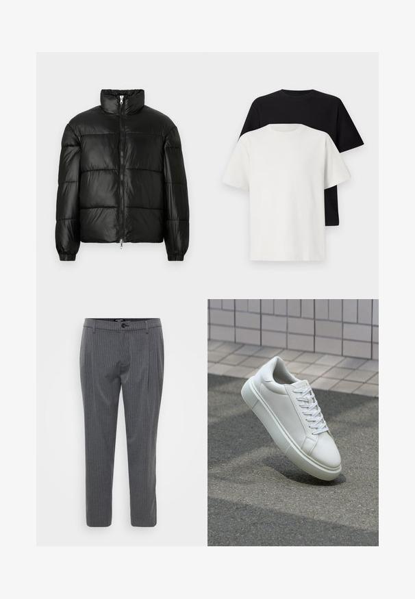 Black puffer jacket with a high collar, zip front closure, quilted design, elastic cuffs, and shiny, smooth fabric finish.; Cotton t-shirt set featuring a black top and a white top, both with short sleeves, round neckline, and standard fit. Textured fabric.; Grey pinstriped trousers made of woven fabric, featuring a flat front, belt loops, and a single button closure. Tailored fit and hemmed cuffs.; White leather sneaker with a smooth surface, round toe, and flat white laces. Features a textured rubber sole and minimal design elements.