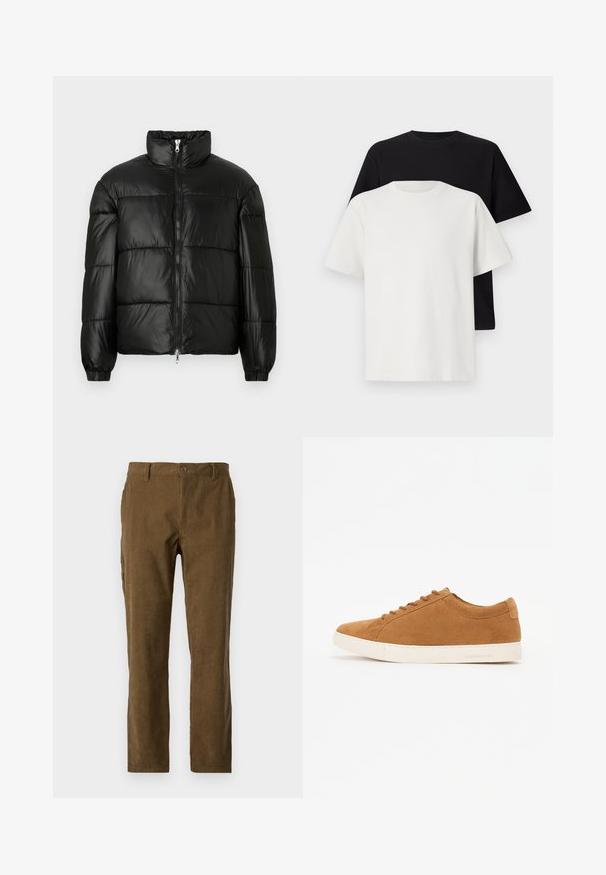 Zwarte pufferjack met een hoge kraag, ritsvoorzijde, gestikt ontwerp, elastische manchetten en een glanzende, gladde stofafwerking.; Katoenen T-shirt set met een zwarte top en een witte top, beide met korte mouwen, ronde hals en een standaard pasvorm. Textuurstof.; Bruine corduroy broek met rechte snit, voorzien van verticale ribbels, een knoopsluiting aan de voorkant en zijzakken voor extra functionaliteit.; Bruine leren sneakers met een laag ontwerp, witte rubberen zool en ronde neus. Bevat bijpassende veters en minimale branding op de hiel.