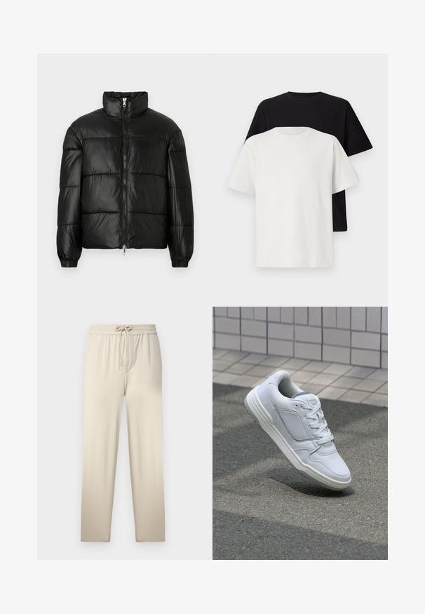 Schwarze Daunenjacke mit hohem Kragen, Reißverschluss vorne, gestepptem Design, elastischen Bündchen und glänzendem, glattem Stofffinish.; Baumwoll-T-Shirt-Set bestehend aus einem schwarzen Oberteil und einem weißen Oberteil, beide mit kurzen Ärmeln, Rundhalsausschnitt und normaler Passform. Texturiert.; Beige Sweatpants mit einem Kordelzugbund, aus einem strukturierten Stoff und zwei Seitentaschen, die sanft zum Knöchel zulaufen.; Weiße Ledersneaker mit perforierten Seiten, strukturierten Akzenten, flachen Schnürsenkeln und einer kontrastierenden grauen Ferse. Verfügt über eine leicht erhöhte Sohle.