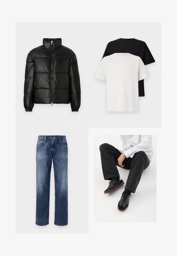 Fekete puffernadrág magas gallérral, cipzáras elülső záródással, steppelt kialakítással, elasztikus mandzsettákkal és fényes, sima szövetfelülettel.; Pamut póló szett, amely egy fekete és egy fehér pólót tartalmaz, mindkettő rövid ujjú, környakú és normál fazonú. Texturált anyag.; Férfi kék farmernadrág egyenes lábakkal, enyhe kopással, öt zsebbel és gombos záródással.; Fekete tornacipők sima és texturált felsőrészel, gumitalppal és sötét cipőfűzőkkel. Fekete farmernadrággal és fehér csíkos inggel párosítva.