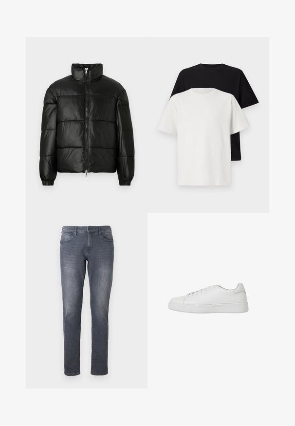 Juodas pūkinis švarkas su aukštu apykakle, užtrauktuko priekyje, siuvinėtu dizainu, elastingais rankogaliais ir blizgia, lygiąja audinio apdaila.; Medvilniniai marškiniai, kuriuos sudaro juodas ir baltas marškinėliai, abu su trumpomis rankovėmis, apvaliu iškirpimu ir standartiniu sijonu. Tekstūruota medžiaga.; Pilkos denim džinsai su siauru siluetu, turi užtrauktuką, diržo kilpos, priekinės kišenės ir išblukusį paviršių. Standartinio tiesaus kojų dizaino.; Balti sportiniai bateliai, pagaminti iš lygaus odos, su apvaliu nosiu, siuvinėjimo detalėmis ir plokščiu guminiu padu. Minimalistinio dizaino, su raištelių uždarymu.