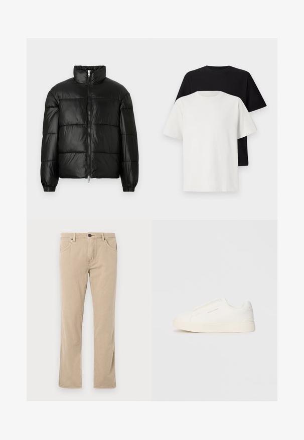 Μαύρο μπουφάν με φουσκωτό σχέδιο, ψηλό γιακά, κλείσιμο με φερμουάρ μπροστά, ραφές τύπου καπιτονέ, ελαστικές μανσέτες και γυαλιστερή, λεία υφή.; Σετ βαμβακερών μπλούζων με σκούρο μπλουζάκι και λευκό μπλουζάκι, και τα δύο με κοντά μανίκια, στρογγυλή λαιμόκοψη και κανονική εφαρμογή. Υφασμάτινη υφή.; Μπεζ παντελόνι ίσιου σχεδιασμού κατασκευασμένο από μαλακό βαμβάκι. Διαθέτει πέντε τσέπες, θηλιές ζώνης και κουμπί κλειδώματος στη μέση. Απλός, καθαρός σχεδιασμός.; Λευκά slip-on παπούτσια με υφή, παχύ πάτο και μινιμαλιστικό σχέδιο. Φέρει το λογότυπο της μάρκας στο πλάι.