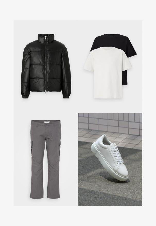 Zwarte pufferjack met een hoge kraag, ritsvoorzijde, gestikt ontwerp, elastische manchetten en een glanzende, gladde stofafwerking.; Katoenen T-shirt set met een zwarte top en een witte top, beide met korte mouwen, ronde hals en een standaard pasvorm. Textuurstof.; Grijze cargobroek met een rechte pasvorm, gemaakt van een katoenmix. Bevat meerdere zijzakken en heeft een standaard taille. Gladde textuur.; Witte leren sneaker met een glad oppervlak, ronde neus en platte witte veters. Voorzien van een gestructureerde rubberen zool en minimale ontwerpelementen.