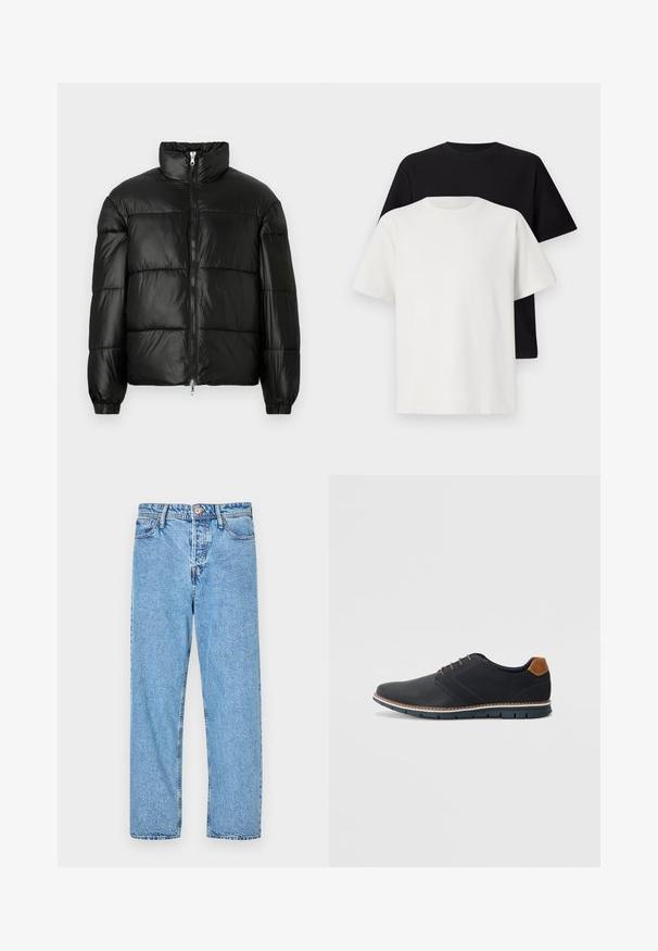 Črna pufasta jakna z visokim ovratnikom, z zadrgo spredaj, prešito zasnovo, elastičnimi manšetami in sijočim, gladkim zaključkom tkanine.; Set bombažnih majic, ki vključuje črno in belo majico, obe z kratkimi rokavi, okroglim izrezom in standardnim krojem. Teksturirana tkanina.; Mlade svetlo modre kavbojke z ravnim krojem, petimi žepi, vidno šivanim in z gumbom ter zadrgo.; Črne sintetične čevlje z teksturirano zgornjščino, gladkimi akcenti, rjavim petnim delom in kontrastnim podplatom. Imajo minimalno vezanje in detajle šivanja.