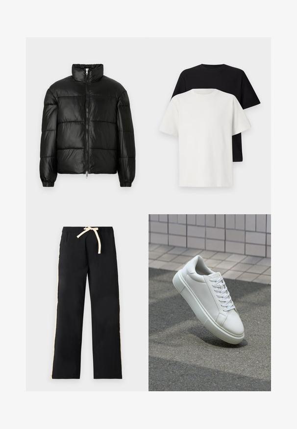 Geacă neagră din material puffy, cu guler înalt, închidere cu fermoar pe față, design matlasat, mansete elastice și finisaj din țesătură lucioasă și netedă.; Set de tricouri din bumbac, care include un top negru și unul alb, ambele cu mâneci scurte, guler rotund și croială standard. Material texturat.; Pantaloni negri cu o croială lejeră, având o suprafață texturată, șnur crem și dungi pe lateral într-o culoare contrastantă.; Sneaker alb din piele cu o suprafață netedă, vârf rotund și șireturi plate albe. Dispune de o talpă din cauciuc texturată și elemente de design minimale.