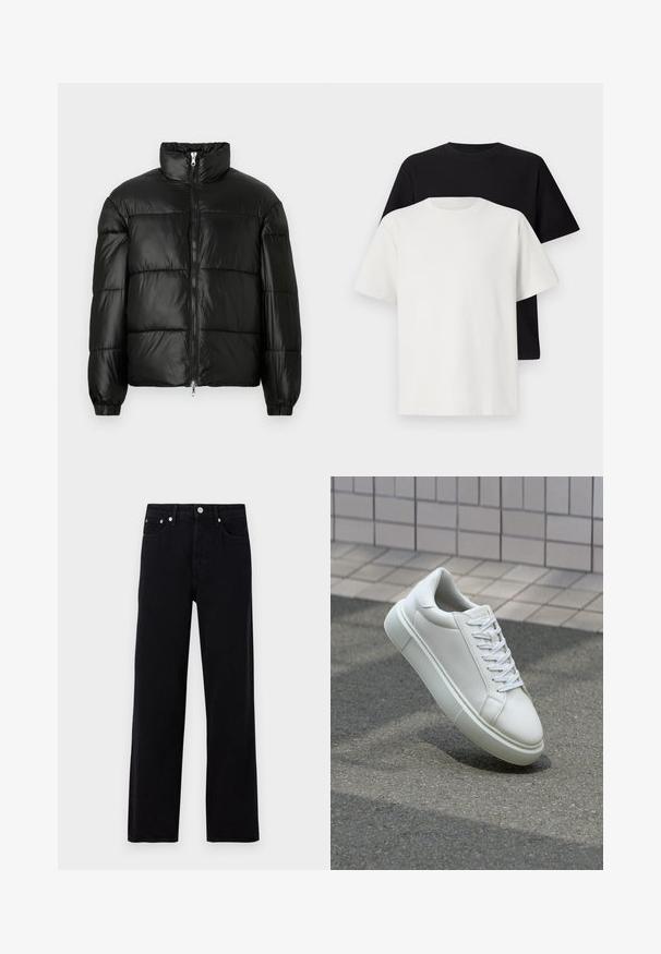 Geacă neagră din material puffy, cu guler înalt, închidere cu fermoar pe față, design matlasat, mansete elastice și finisaj din țesătură lucioasă și netedă.; Set de tricouri din bumbac, care include un top negru și unul alb, ambele cu mâneci scurte, guler rotund și croială standard. Material texturat.; Only & Sons ONSFADE LOOSE BOX - Blugi loose fit - washed black; Sneaker alb din piele cu o suprafață netedă, vârf rotund și șireturi plate albe. Dispune de o talpă din cauciuc texturată și elemente de design minimale.