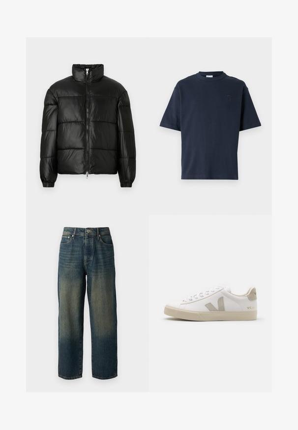 Fekete puffernadrág magas gallérral, cipzáras elülső záródással, steppelt kialakítással, elasztikus mandzsettákkal és fényes, sima szövetfelülettel.; Tengerészkék, rövid ujjú pamut póló. Kerek nyakkivágással és finom logóval az emlőn. Egyenes vonalú fazon, minta nélkül.; Kék farmernadrág egyenes szabással, elhasználódott dizájnnal, a szár aljához közel világosabb árnyalatokkal, öt zsebbel és gombbal záródik.; Fehér bőr sneaker bézs kiegészítőkkel, lapos gumi talppal, kerek orral és kontrasztos logóval az oldalon és hátul. Fűzős kivitel.